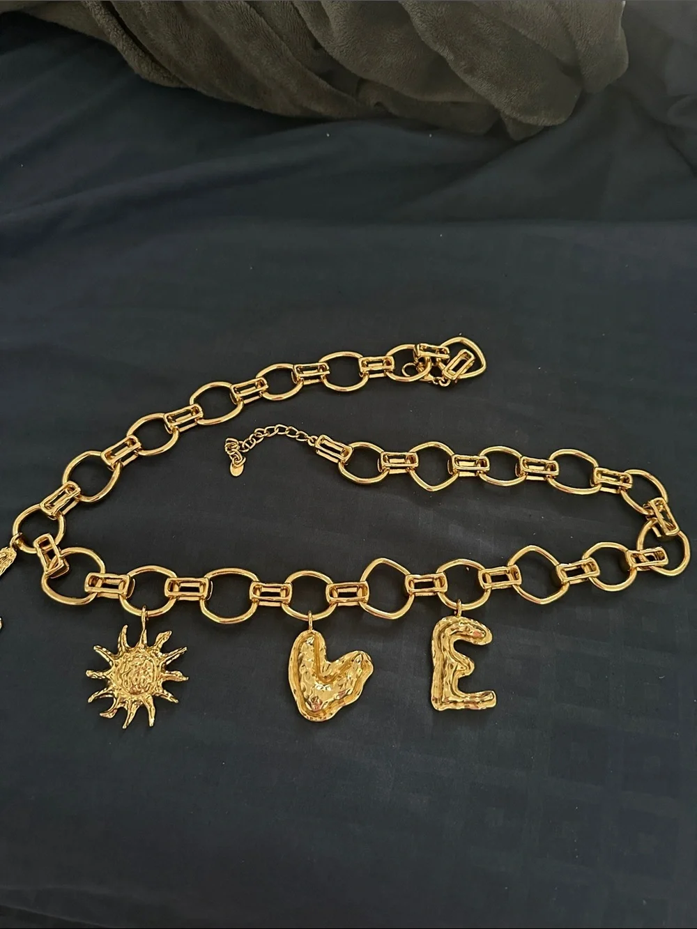 Zara Gold Tone Charm Link Belt with Sun, Heart & Letter Charms